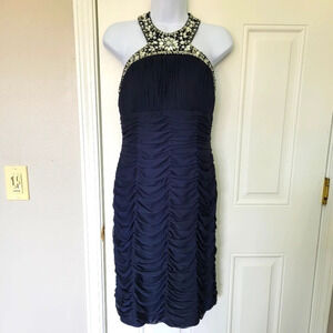 XSCAPE By Joanna Chen Navy Ruched Draped Halter Dress Rhinestones Size 4
